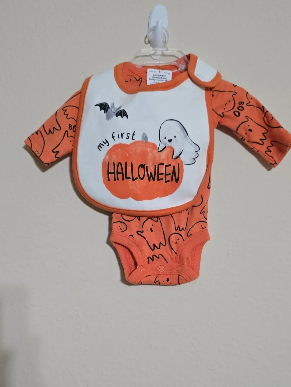 NWT Carters Baby Halloween Ghost Pumpkin Bodysuit with Bib Size Preemie